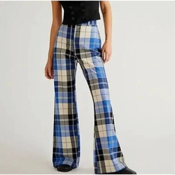 Free People Jules High Waist Plaid Flare Pants Blue/Black NWOT Size 0 (XS) - Picture 4 of 8
